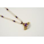 AN AMETHYST AND DIAMOND PENDANT the 18ct. gold pendant is set with an oval and a triangular-shaped