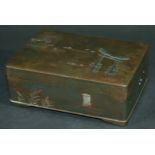 A JAPANESE BRONZE AND INLAID BOX AND COVER, Meiji, rectangular and decorated with a mountainous lake