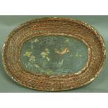 A JAPANESE COPPER BASKET, Meiji, of oval form, with a central panel inlaid with a leaping fish,
