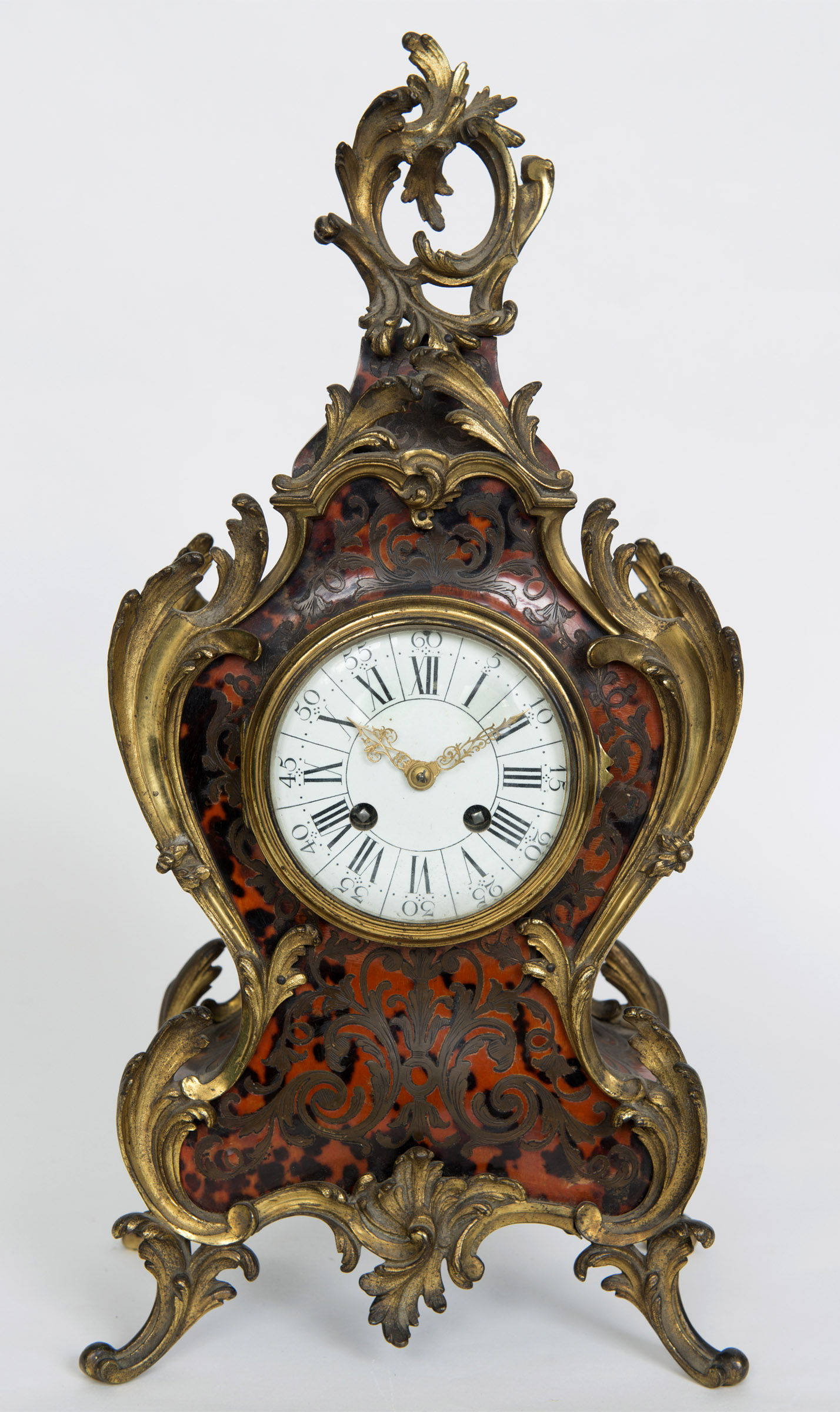 A LOUIS XV STYLE BOULLE MANTEL CLOCK 4" enamel dial on a brass movement stamped Ettienne Maxant