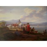 JAMES LEAKEY (1775-1865) FIGURES ON A LAKESIDE PATH Oil on panel 23 x 30cm. ++ Small damage in