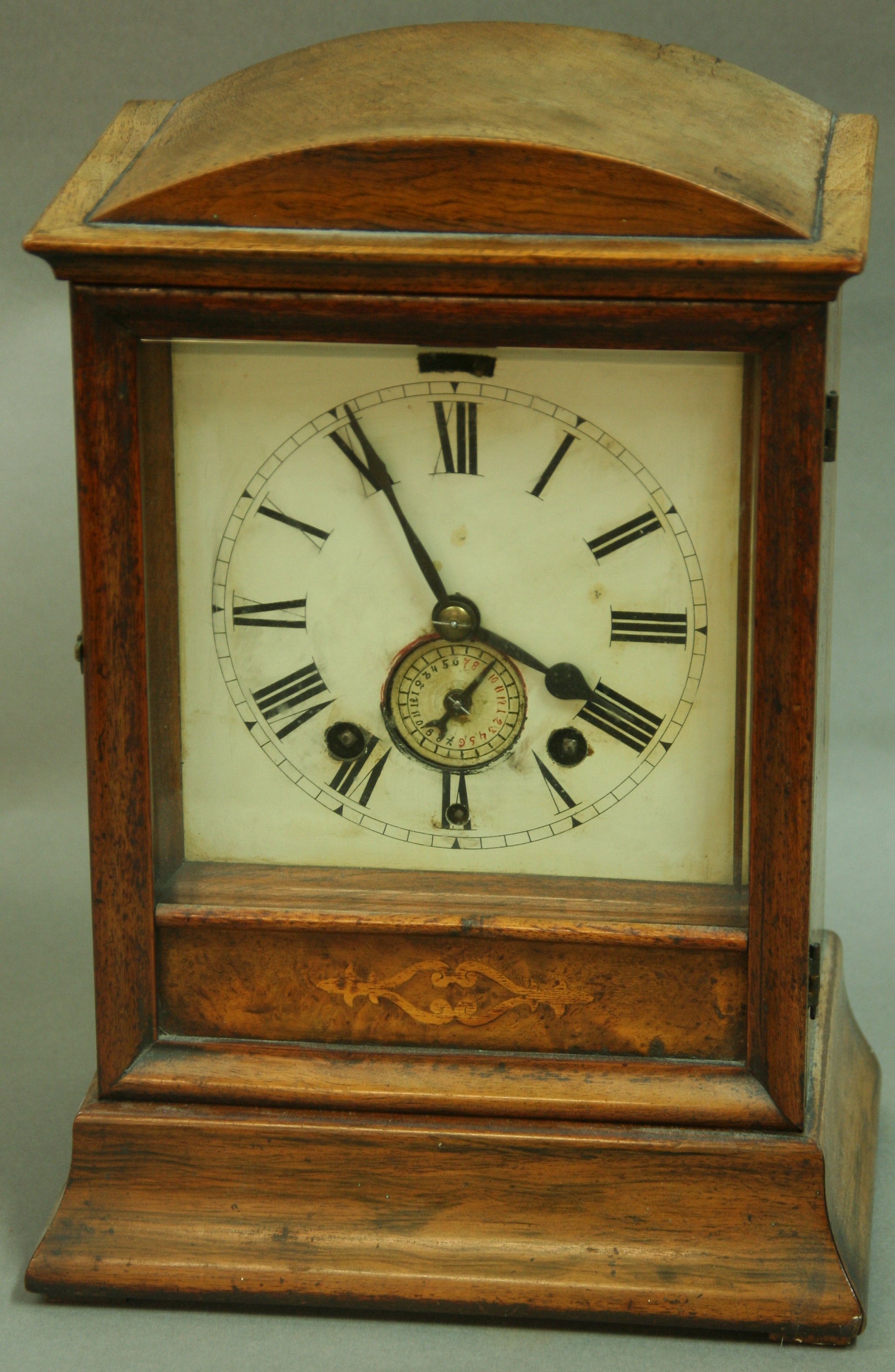 A WINTERHALDER AND HOFMEIR ALARM CLOCK, 19th century, 5 1/4" painted square dial with subsidiary