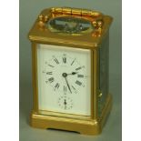 A FRENCH GILT BRASS FOUR PANE CARRIAGE CLOCK, late 19th century, the white enamel dial inscribed Hry