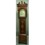 A MAHOGANY LONGCASE CLOCK, mid/late 18th century, the brass arched dial with sunburst, 11"