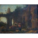 FOLLOWER OF NICOLAES BERCHEM (1620-1683) FIGURES WITH CATTLE AND SHEEP AMIDST RUINS Oil on panel