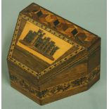 A TUNBRIDGE WARE STATIONERY BOX of shaped triangular form with fitted interior, the cover with a