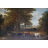 CIRCLE OF JOHN F. TENNANT (1796-1872) CATTLE AT A WOODLAND POOL Oil on board 23.5 x 34cm. ++