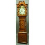 AN OAK AND INLAID LONGCASE CLOCK the arched painted dial with a view titled A Berkshire Ferry. The