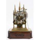 A VICTORIAN LICHFIELD CATHEDRAL BRASS SKELETON CLOCK with 5" pierced silvered chapter ring on a twin