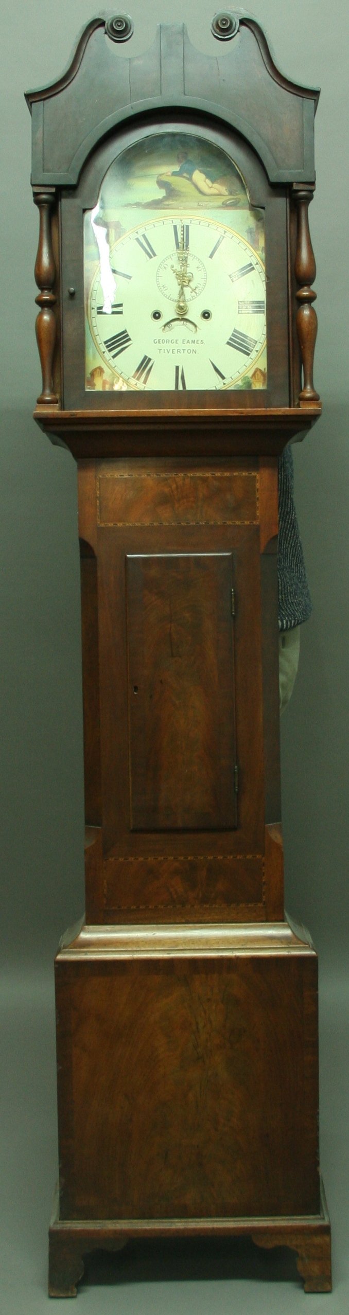 A MAHOGANY LONGCASE CLOCK, the painted arched dial with 12" chapter ring, subsidiary seconds dial