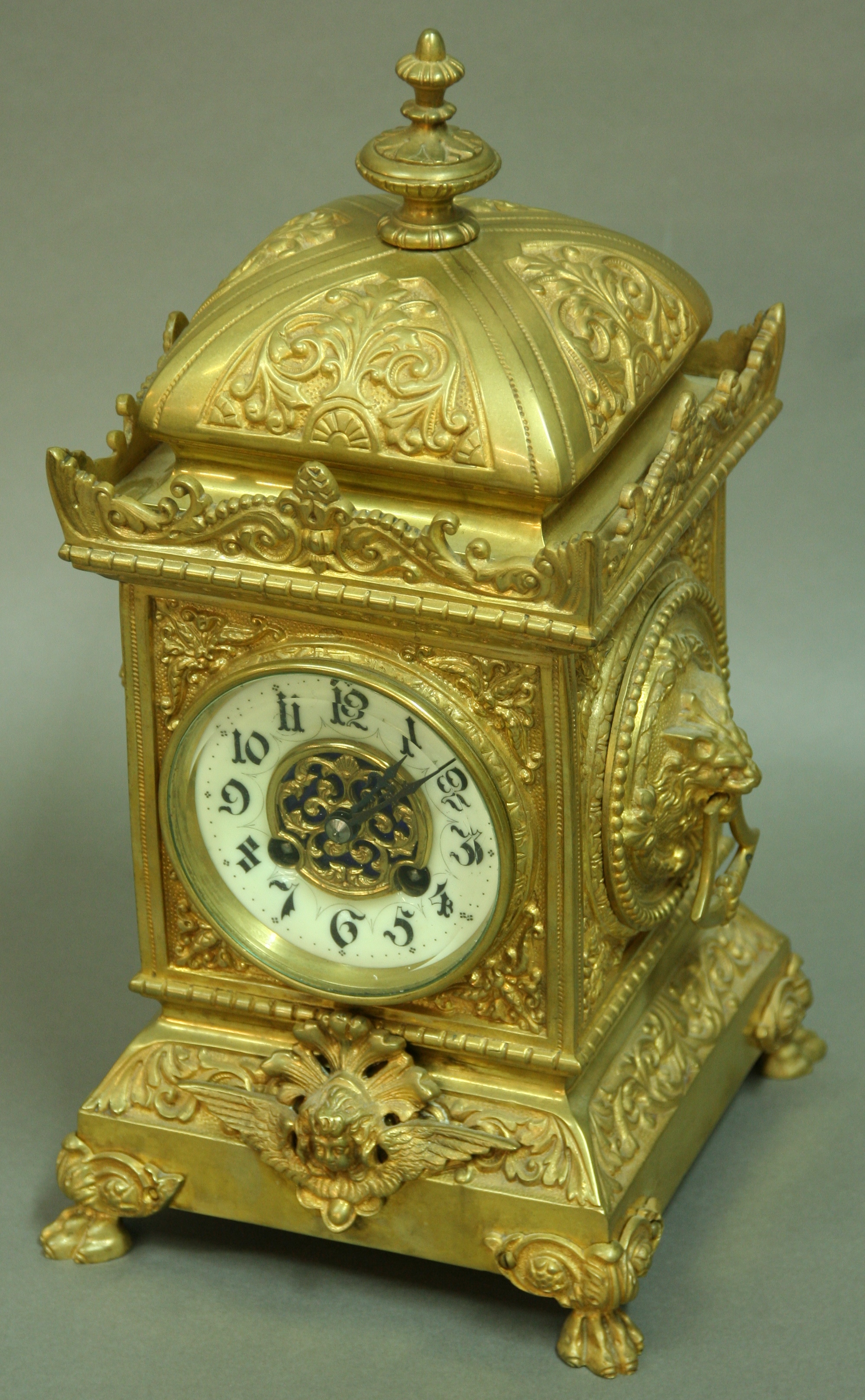 A FRENCH MANTLE CLOCK, late 19th century, 9cm ivorine dial on an eight day brass movement stamped