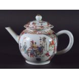 CHINESE TEA POT AND COVER, Qianlong, enamelled with men around a table, 14cm