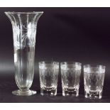 SET OF FIVE TUMBLERS, with engraved Greek key style decoration; together with a cut glass vase and