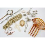 A QUANTITY OF JEWELLERY including an opal and gold ring, various items of paste jewellery etc.