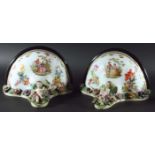 PAIR OF MEISSEN STYLE PORCELAIN WALL BRACKETS, late 19th or early 20th century, painted with