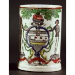 CREAMWARE TANKARD, late 18th century, printed and painted with the Arkwright Arms surmounted by an