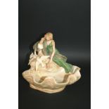 ROYAL DUX FIGURAL DISH of a maiden seated on a shell, next to a pair of Doves. Marked, Royal Dux,