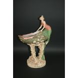 ROYAL DUX FIGURAL DISH of a maiden seated on a shell, the shell supported on stems of vegetation.