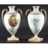 PAIR OF KERR AND BINNS, WORCESTER, TWO HANDLED VASES mid-19th Century, painted with profile