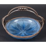 VERLYS ART DECO DISH a moulded blue glass dish with a floral design, mounted with a hand beaten