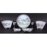 CHINESE ENAMELLED TRAY, a central landscape scene; together with three matching fans shaped trays