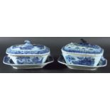 TWO CHINESE EXPORT SAUCE TUREENS, COVERS AND STANDS, late 18th century, blue painted with various