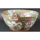 CHINESE CANTON STYLE PUNCH BOWL, 19th century, enamelled with alternating panels of foliage and