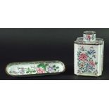CHINESE ENAMELLED TEA CANNISTER AND COVER, shaped square section, decorated with flowering rocks,