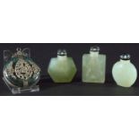 CHINESE NEPHRITE SNUFF BOTTLES, carved with floral decoration; another of hexagonal form and a