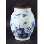 CHINESE PORCELAIN VASE, probably early 19th century, blue painted with rocks, bamboo and birds, with