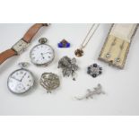 A QUANTITY OF JEWELLERY including a pair of paste set drop earrings, a metal pocket watch, the