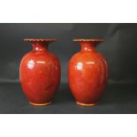 PAIR OF BURMANTOFT VASES the pair of vases with Sun motifs on a red glazed ground. Marked, BF