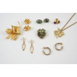 A QUANTITY OF JEWELLERY an 18ct. gold orchid brooch, and similar earrings, a gold winged horse set