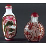 CHINESE THREE COLOUR GLASS SCENT BOTTLE AND STOPPER, with scenes of birds in flowing branches, 8.