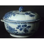 CHINESE BLUE AND WHITE TUREEN AND COVER of slightly lobed circular form, painted with fenced