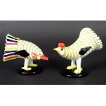 A PAIR OF VENINI LATIMO GLASS BIRDS designed by Fulvio Bianconi, modelled as a Cockerel and a Hen.