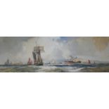 •FRANK HENRY MASON (1876-1965) VESSELS OFF TYNEMOUTH Signed, watercolour and gouache 24.5 x 74cm. ++