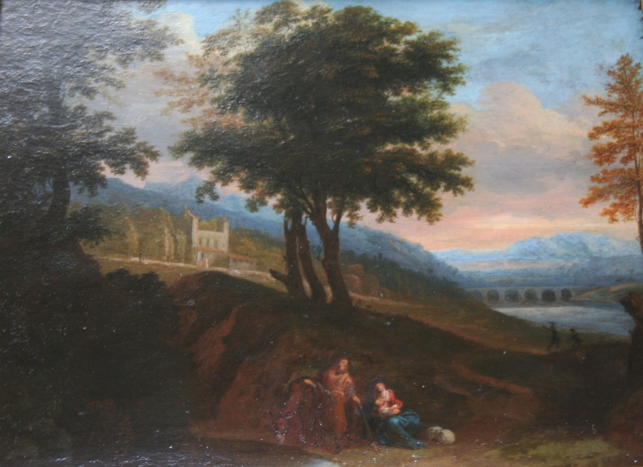 FOLLOWER OF FRANCISQUE MILLET (1642-1679) REST ON THE FLIGHT INTO EGYPT Oil on panel 25 x 30.5cm. ++