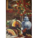 •RAYMOND SUTTER (1920-1988) STILL LIFE WITH FRUIT AND FLOWERS BY A CHINESE JAR Signed, oil on