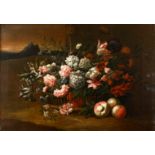 CIRCLE OF PIETER HARDIME (1677-1748) STILL LIFE OF A WICKER BASKET WITH FLOWERS AND PEACHES Oil on