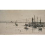 •ROWLAND LANGMAID (1897-1956) NEWLYN AND ST. MICHAEL'S MOUNT Drypint etching, signed in pencil, with