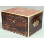 VICTORIAN COROMANDEL AND ROSEWOOD WORK BOX, brass mounted with fitted interior above a writing slope