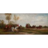 RUDOLF STONE (Fl.c.1870-1900) THE HUNT MEETS THE COACH Partially signed, oil on panel 12 x 25cm.;