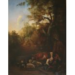 MANNER OF JAN SIBERECHTS (1627-1703) PEASANTS AND THEIR LIVESTOCK RESTING IN A WOOD Oil on panel