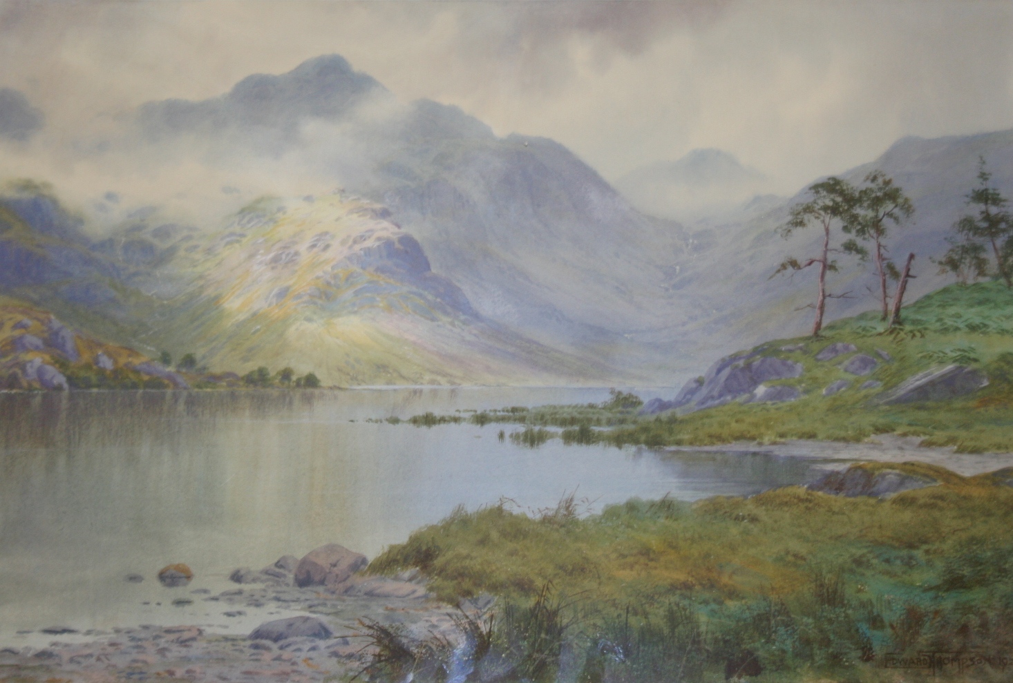 •EDWARD HORACE THOMPSON (1879-1949) A PASSING GLEAM: ULLSWATER FROM THE PATTERDALE END Signed and