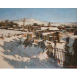 •JOHN McCOMBS (b.1943) WINTER ALLOTMENTS, DELPH Signed and dated 92, oil on board 30 x 38cm. ++ Good
