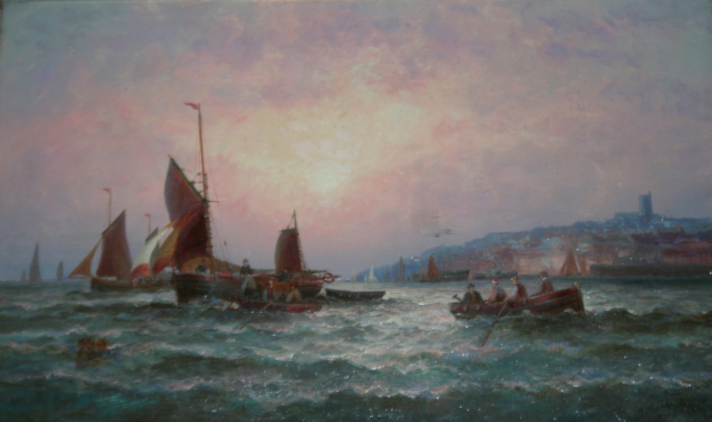 WILLIAM THORNLEY (1830-1898) FISHING BOATS OFFSHORE AT TWILIGHT Signed LThornley (in unison), oil on
