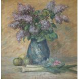 •HEDVIG BRANDT (Danish, 1881-1946) STILL LIFE OF A VASE OF LILACS, WITH VEGETABLES Signed with