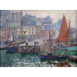 •JOHN ANTHONY PARK (1880-1962) BRIXHAM INNER HARBOUR Signed, sketch of coastal scene verso, oil on