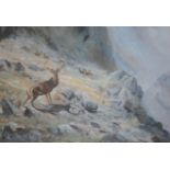 •HAROLD FRANK WALLACE (1881-1962) RED DEER ON A ROCKY SLOPE Signed and dated 22, gouache 23 x 33.5cm